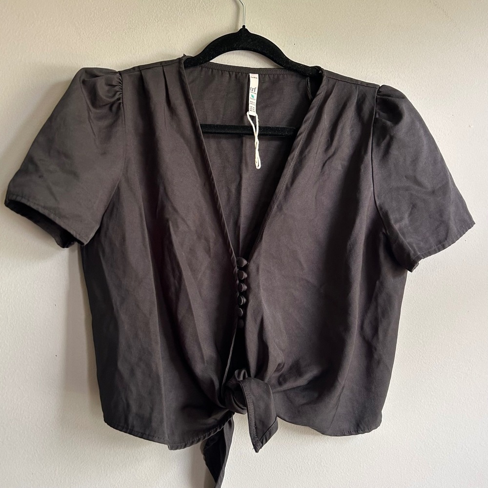 Zara TRF Black‎ Tencel Tie Front Crop Top Button V-Neck Puff Sleeve Medium
